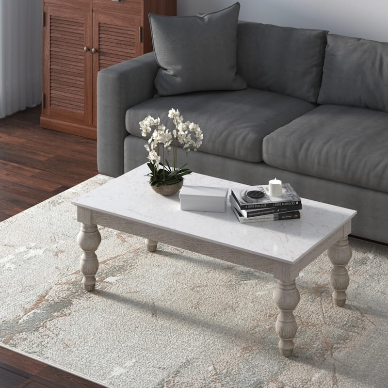 Sevita Anastasia Rectangular White Marble Coffee Table with White-Wash Spindle Base, 52" L x 30" W x 19" H - 52" W x 30" D x 19" H - White Washed - Marble
