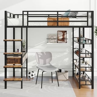 Full Size Loft Bed with Built-in Desk, Storage Drawer, 4-Tier Bookshelf and Sturdy Metal Bed Frame for Bedroom