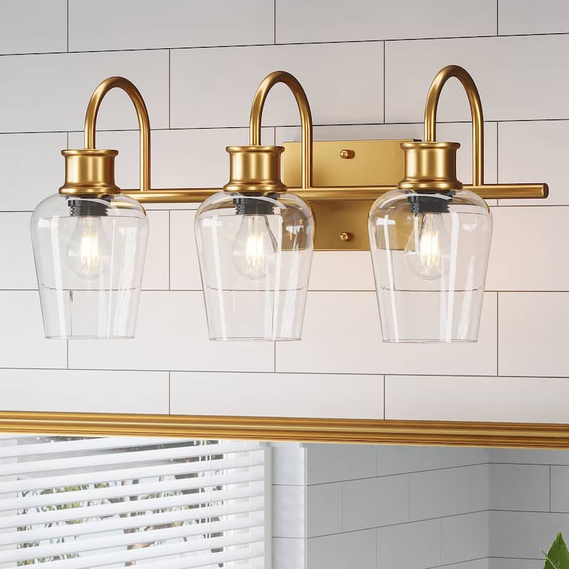 E26 Base Bath Vanity 3-Light Fixtures with Glass Shade for Bathroom - Gold+Clear