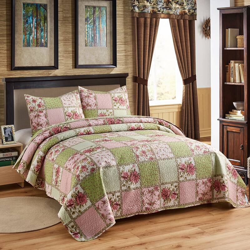 3 Piece Plaid Patchwork Reversible Lightweight Quilt Set - Pink Patchwork - Full - Queen