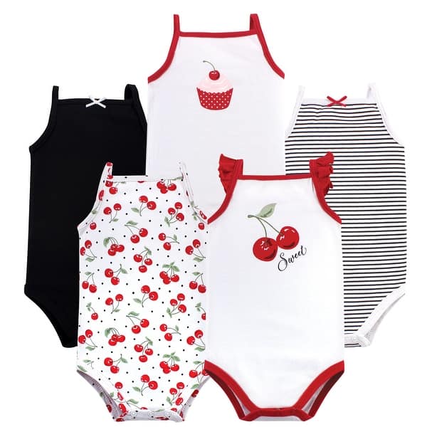 slide 1 of 1, Hudson Baby Infant Girl Cotton Sleeveless Bodysuits 5pk, Cherries 3-6 Months - Cherries