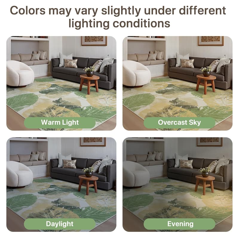 Mcow Leaf Collection Botanical Print Low-Pile Washable Area Rug
