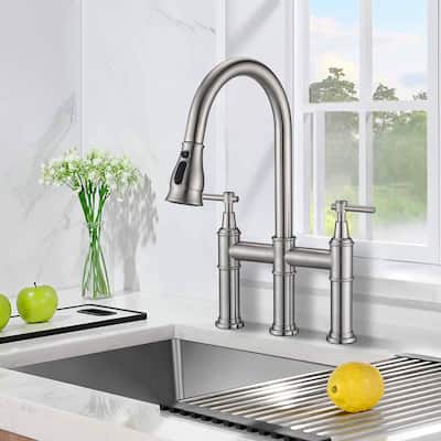 PROOX Three Hole Bridge Faucet with 360° Swivel Pull-down Sprayer
