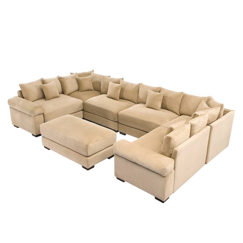 GDFStudio - Corduroy U-Shaped 6-Seater 137.7" Cloud Modular Sectional Couch with Ottoman