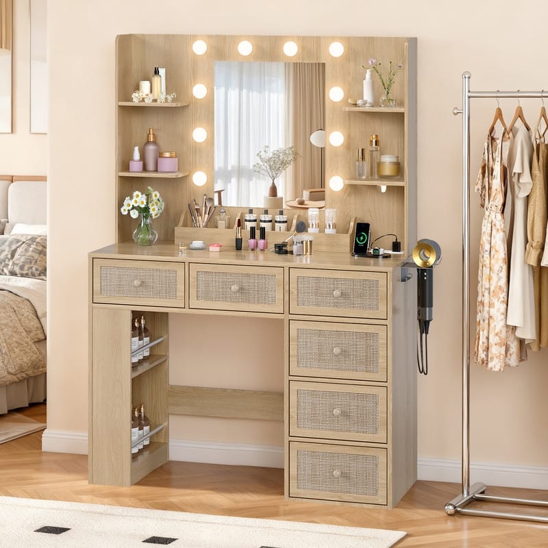 Particle Board Veneered 6-drawer 3-compartment Double-layer Side Rack, Side Panel Storage Style Dressing Table - N/A - Beige