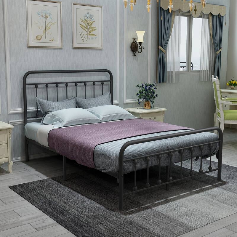 FULL Metal Platform Bed Frame with Headboard - Black