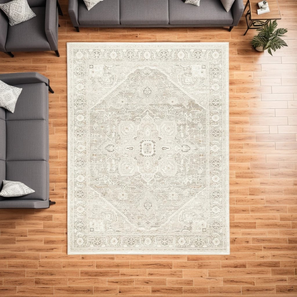 Wei 5 x 7 Medium Area Rug, Persian Inspired Medallion Motif, Beige Gray - 5 x 7