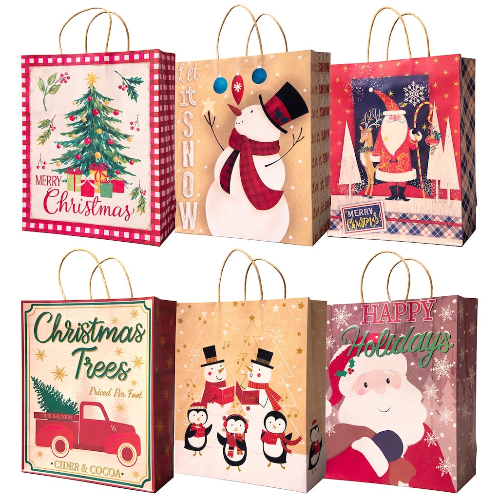 Pack of 12 Assorted Large Christmas Gift Bags with Handle - 14.25"