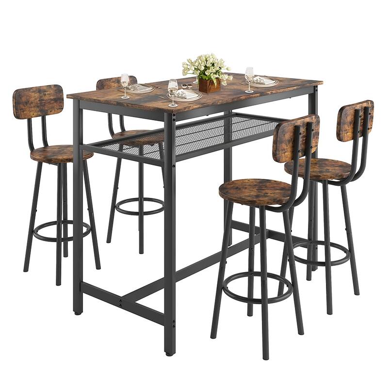 5-Piece Industrial Dining Table Set with Metal Shelf, 4 Bar Stools - Black&Brown