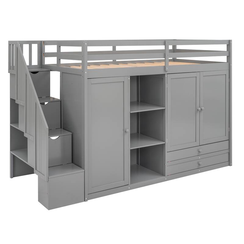 Space-Saving Loft Bed with Shelves, Wardrobes, Drawers, and Storage Ladder, Gray
