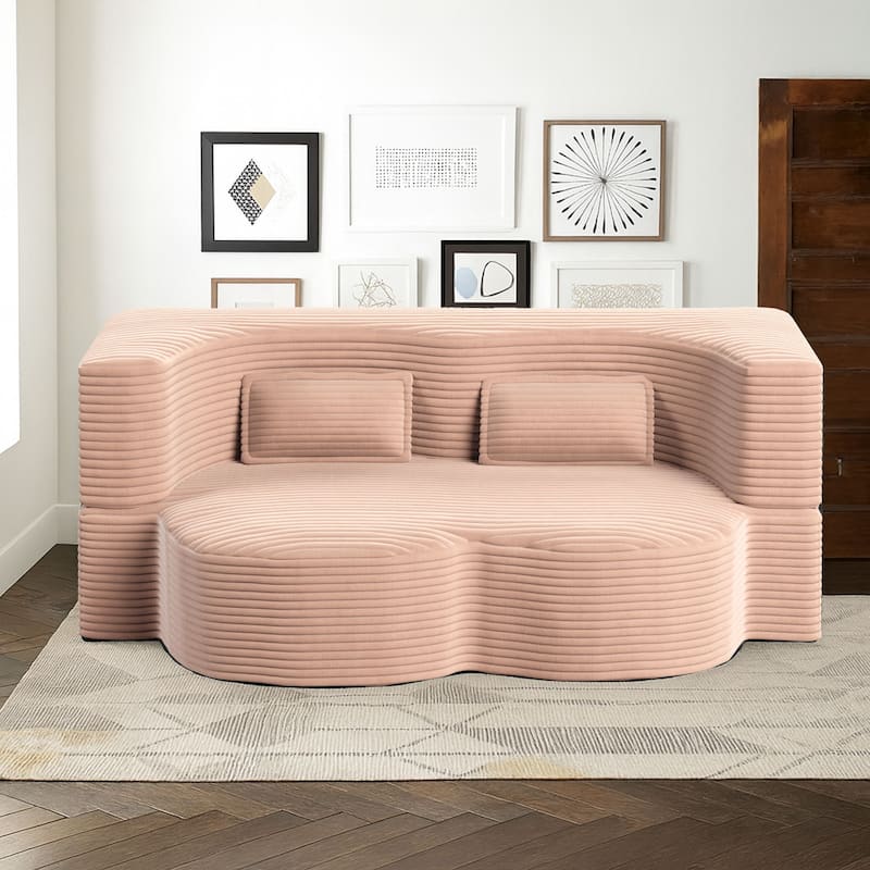Modern Minimalist Compressed Upholstered Convertible Two-Seater Sofa Bed with 2 Pillows - Pink Corduroy