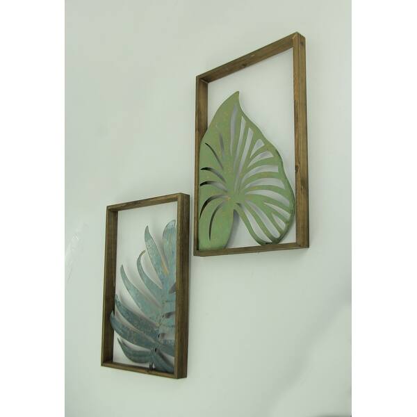 Shop Metal Palm Leaf Art Duo Wood Framed 2 Piece Wall Decor Set 15 75 X 10 25 X 1 25 Inches Overstock 27985484