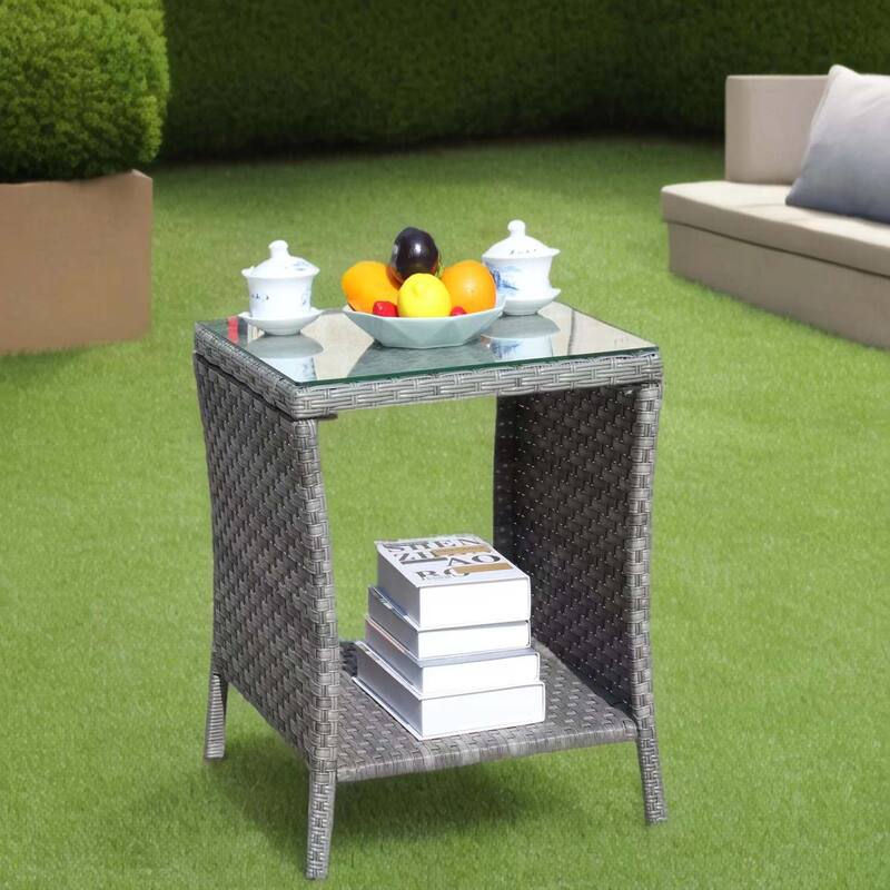 Anmytek Gray Rattan Side Table with Tempered Glass Top Indoor Outdoor Wicker Patio Table Double Tier Storage - 19.25*19.25 - 19.25*19.25