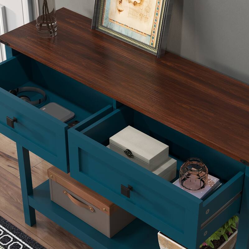 Farmhouse Console Table with 2 Drawer and Open Storage Shelf for Entryway Rustic 39.37" Wood Side Table Sofa Tables Behind Couch