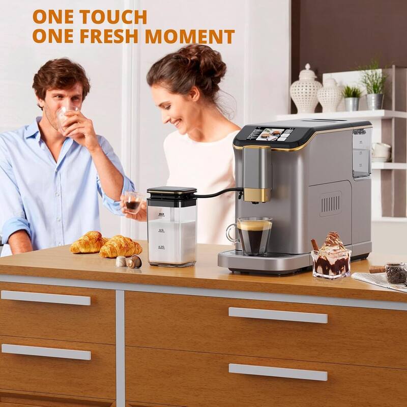 Automatic Espresso & Coffee Machine with with Grinder & Milk Frother, Silver + Gold