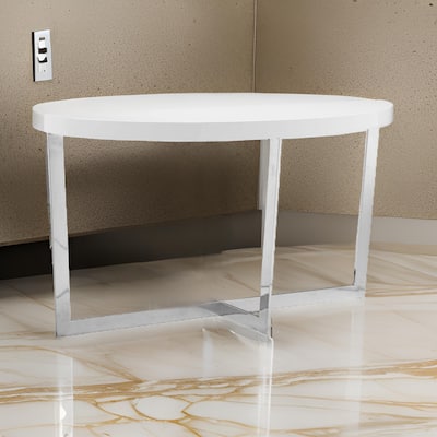 Tini 55 Inch Console Table, Oval Top, Chrome Frame, Sleek White Finish