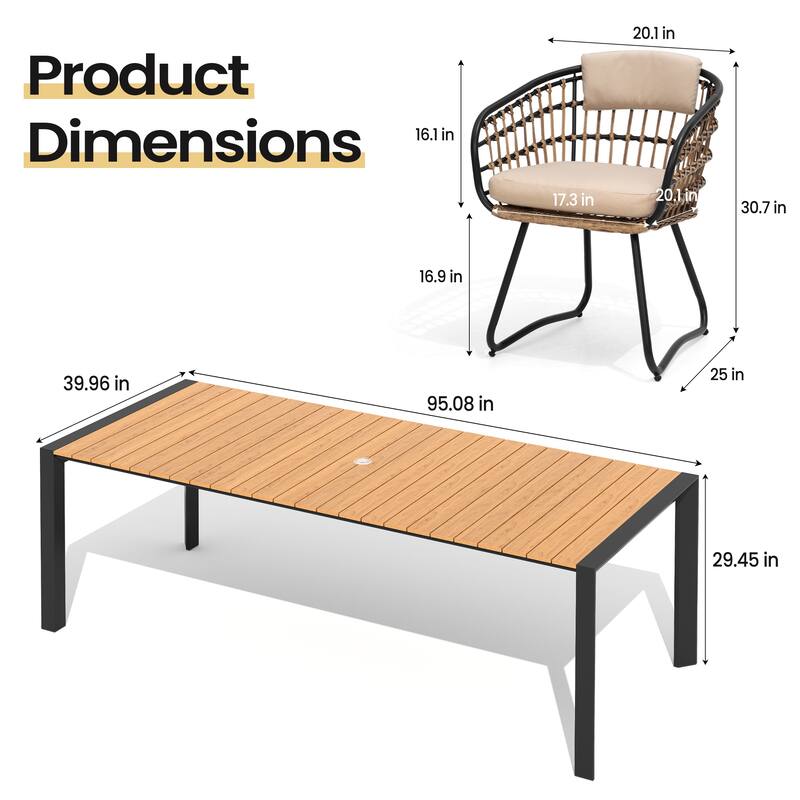 Set of 9 Outdoor Patio Dining Set WoodLike Table Top Aluminum Rectangular Umbrella Hole Table with PE Rattan Chairs