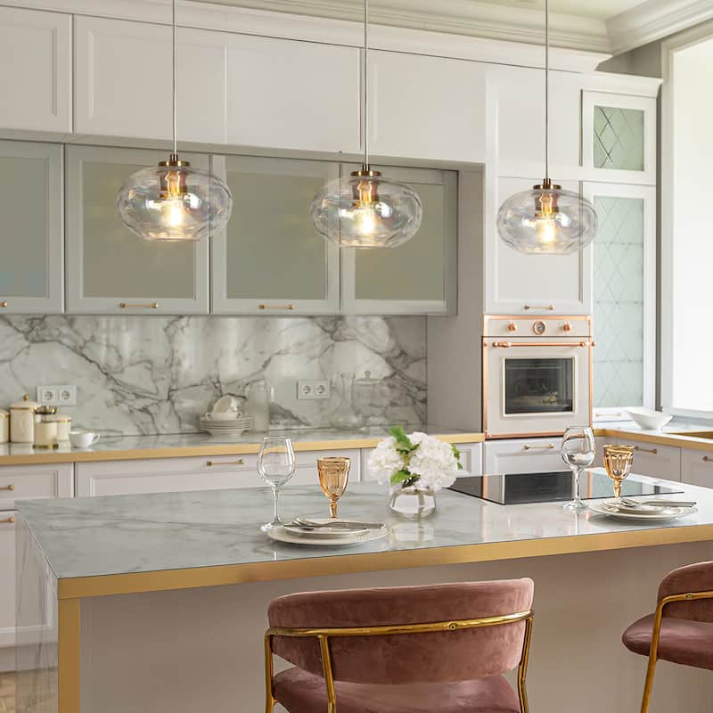 Modern Gold 1-Light Iridescent Textured Glass Pendant Light for Kitchen Island Dining Room - D8.3" x H66" Max