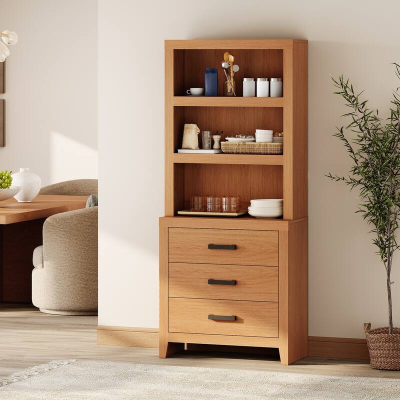 3-Tier Bookshelf with 3 Large Drawers, 74" Tall Farmhouse Bookcase with Wide Metal Handles, for Living Room, Office, Library