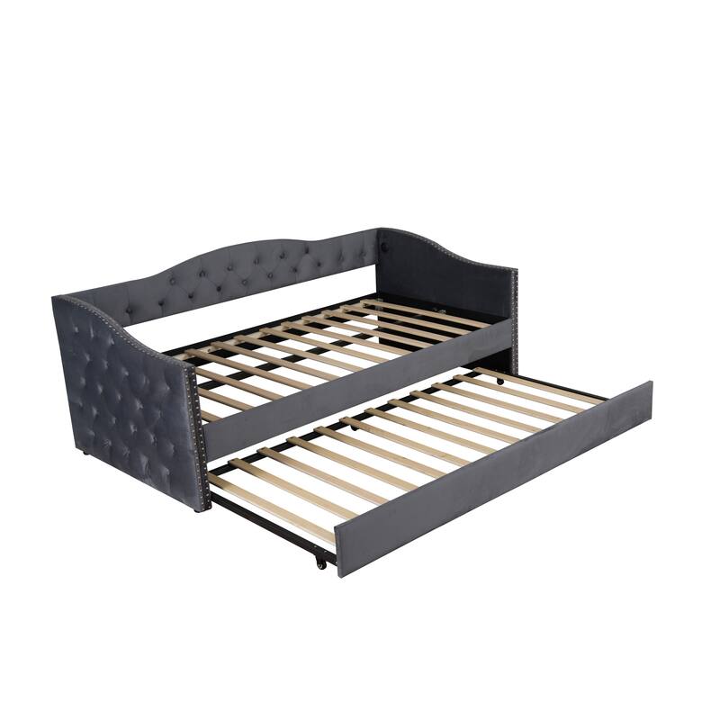 Twin Size Upholstered Daybed with Trundle and USB Charging Design, Sturdy Wood Slat Support, Wood Bed Frame,Plush Velvet Fabric