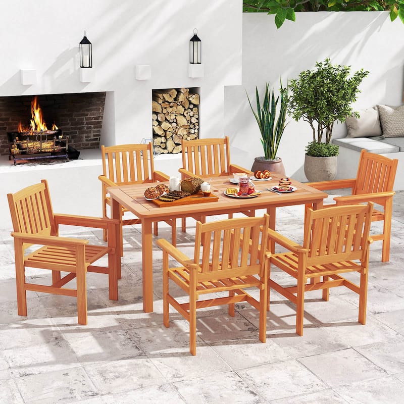 Costway 7 PCS Patio Wood Dining Table Set with 2” Umbrella Hole - See Details
