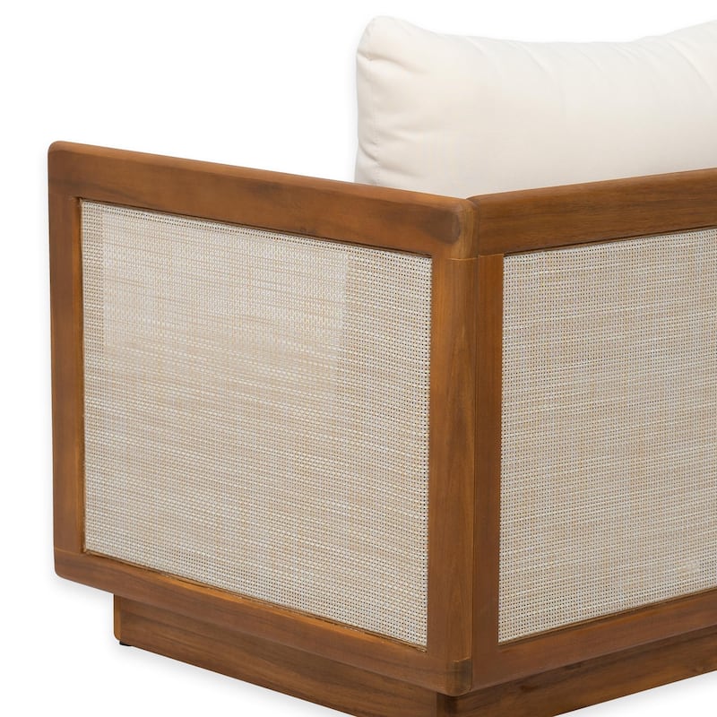 Roomfitters Outdoor Acacia Wood Club Chair with Cushion and Rope Backrest, Patio Lounge Seating, Beige