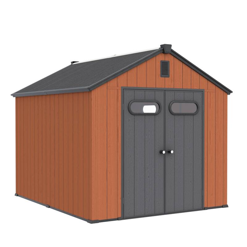All-Weather Lockable Resin Outdoor Storage Shed with Window Floor for Patio Furniture and Tools - Brown