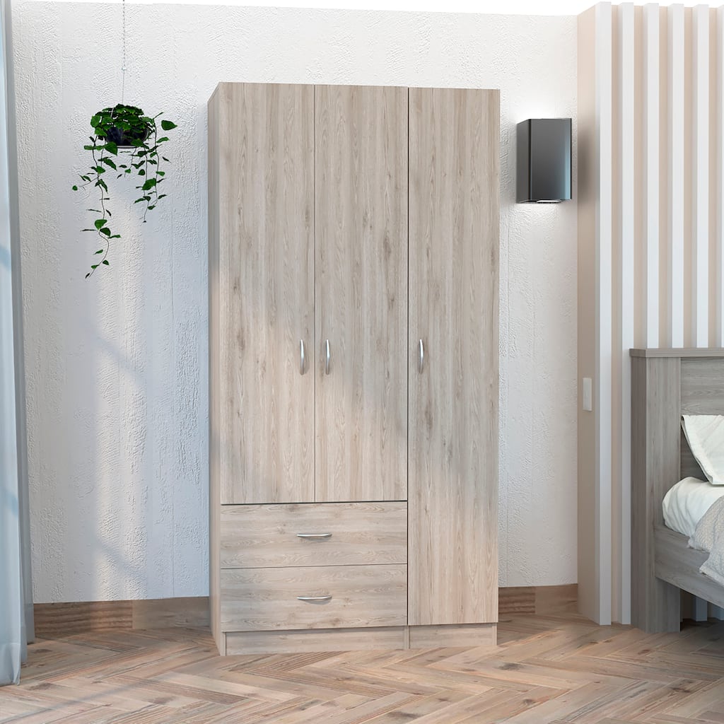 35.4" Modern Three-door Armoire with Hanging Rod, 5 Tall Spacious Shelves and Two Drawers