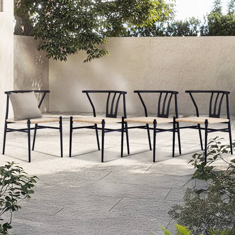 Set of 4 Hand-Woven Rope Dining Chairs with Metal Frame and Curved Back Ergonomic Design - 23” x 18.3” x 31.5”