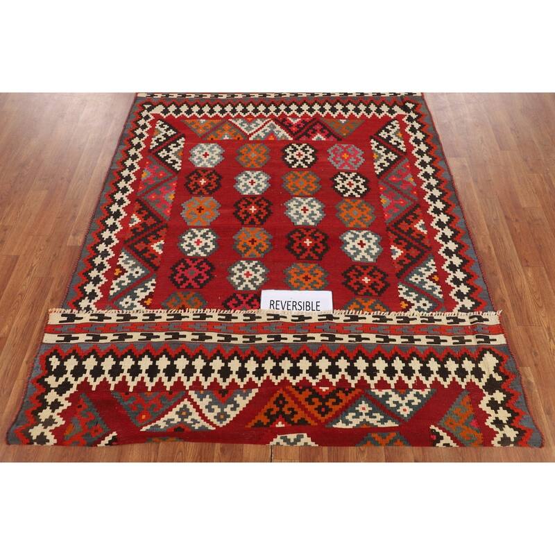 Red Kilim Qashqai Persian Vintage Rug Flatweave Oriental Wool Carpet - 5'2"x 7'6"