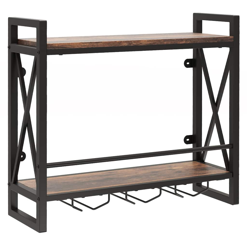 Wall Wine Rack with 2-Tier Shelves & 3 Glass Holders, Stylish and Functional Storage Solution - 23.5" x 8" x 21.5"