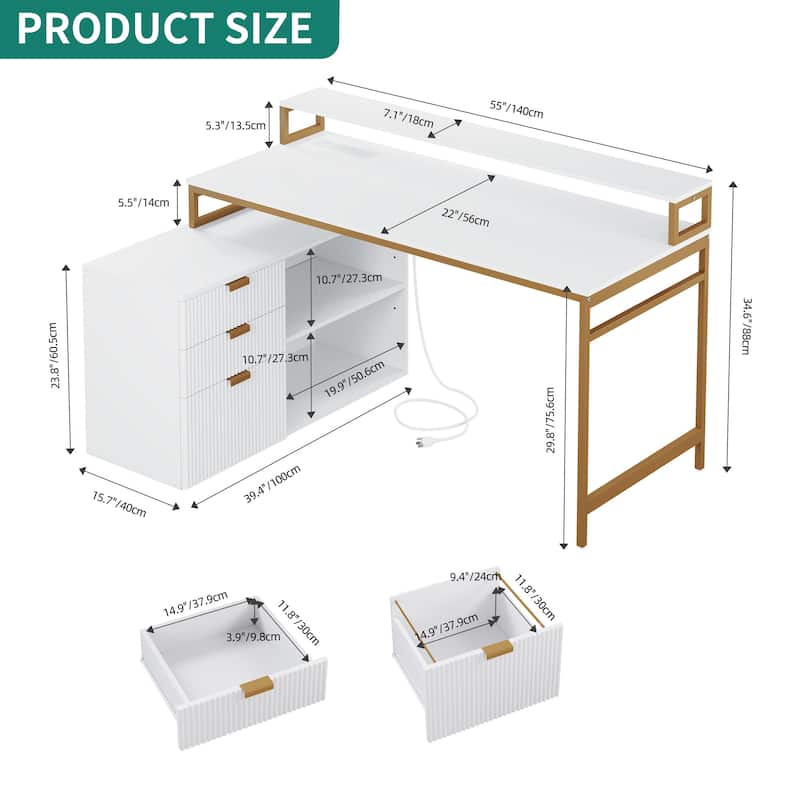 55 Inch L-shaped Gaming Desk with Power Outlets and LED Lights Computer Corner Desk with File Cabinet Monitor Stand