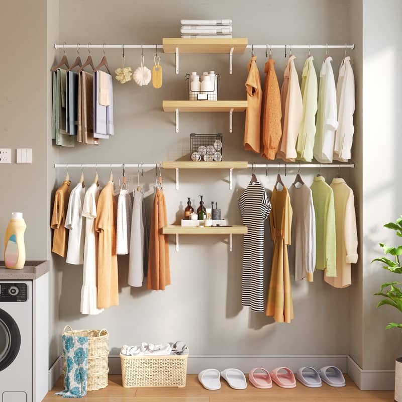 Moasis 70.8" - 102.4" W Heavy Duty Closet Organizers with 4-Tier Storage and 10 Hooks - Oak&White