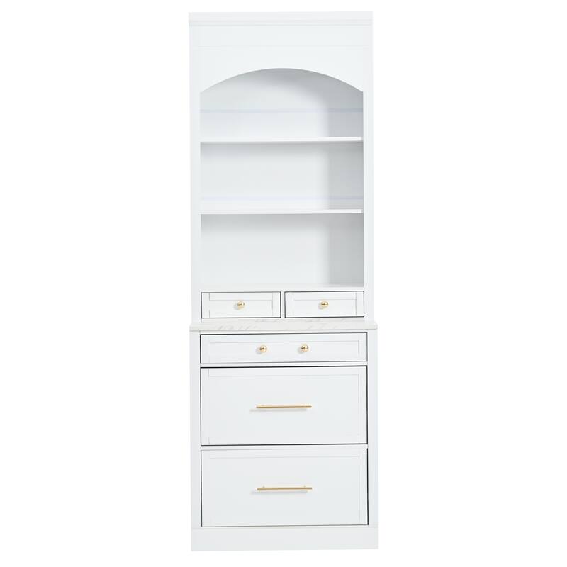 Kitchen Pantry with Countertop, Tall Freestanding Storage Cabinet with 5 Storage Drawers & Adjustable Shelf