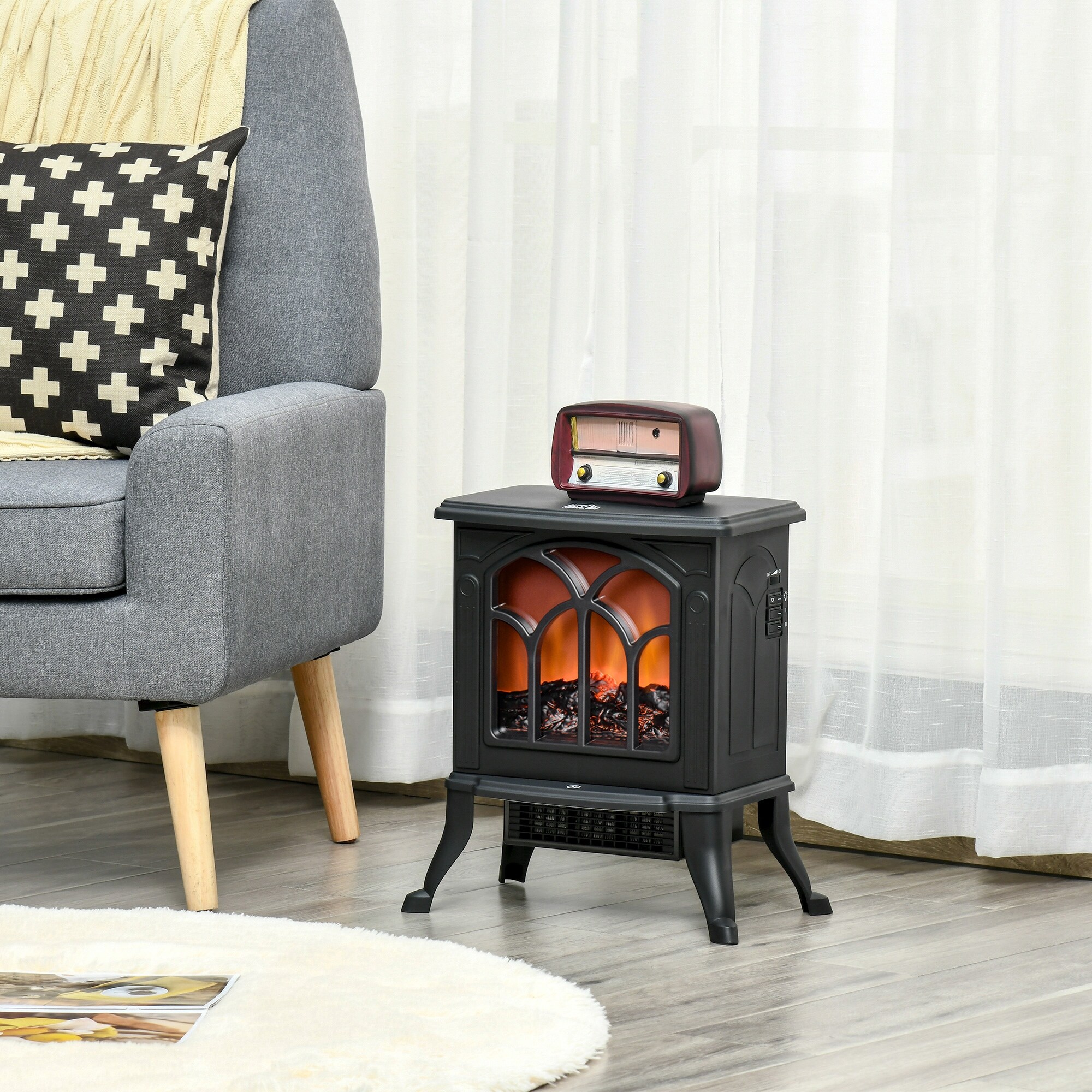 Freestanding Electric Fireplace Stove Space Heater with Realistic Flame Effect Adjustable Temperature and Overheat Protection