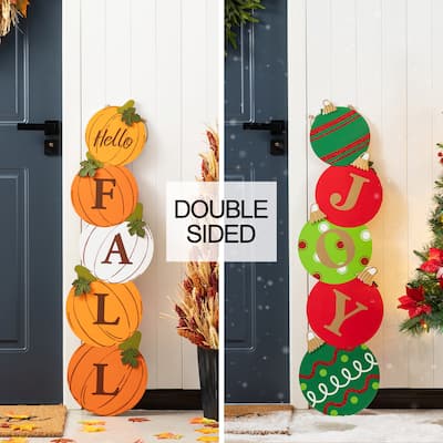 Glitzhome 41.75"H Fall and Christmas Double Sided Wooden Pumpkin and Ornament Porch Sign