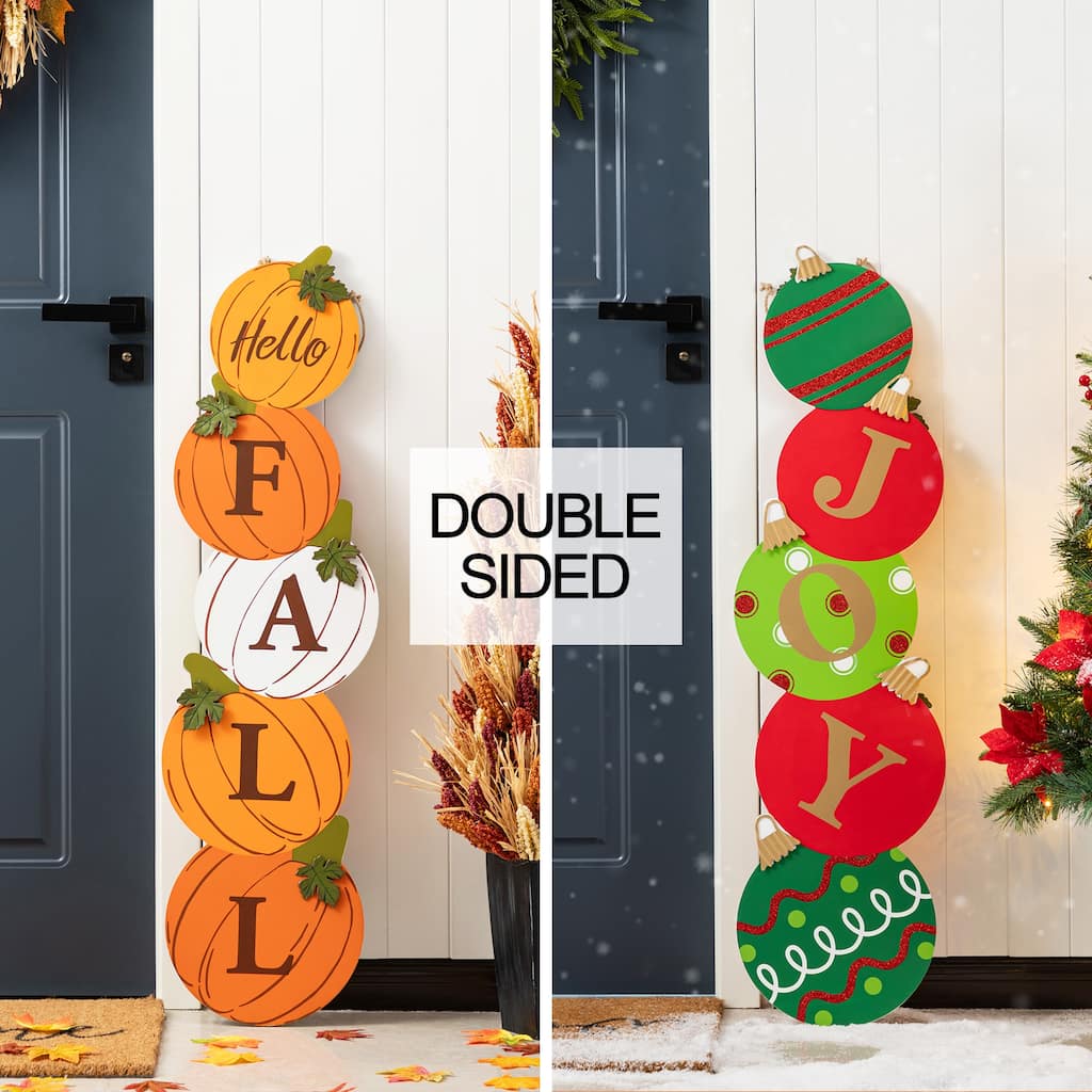 Glitzhome 41.75"H Fall and Christmas Double Sided Wooden Pumpkin and Ornament Porch Sign