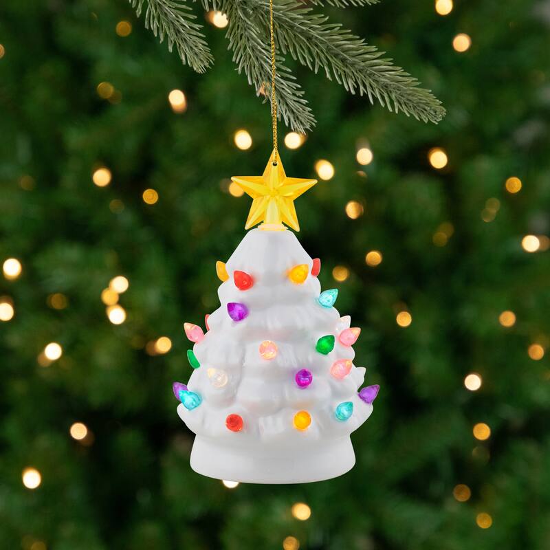 Mini LED Lighted Retro Christmas Tree with Gold Star Ornament - 5.25" - White