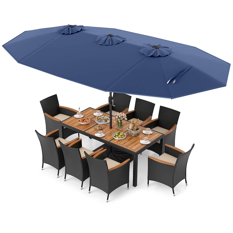 Costway 11 PCS Patio Wicker Dining Set with Double-Sided Outdoor - See Details - Navy+White