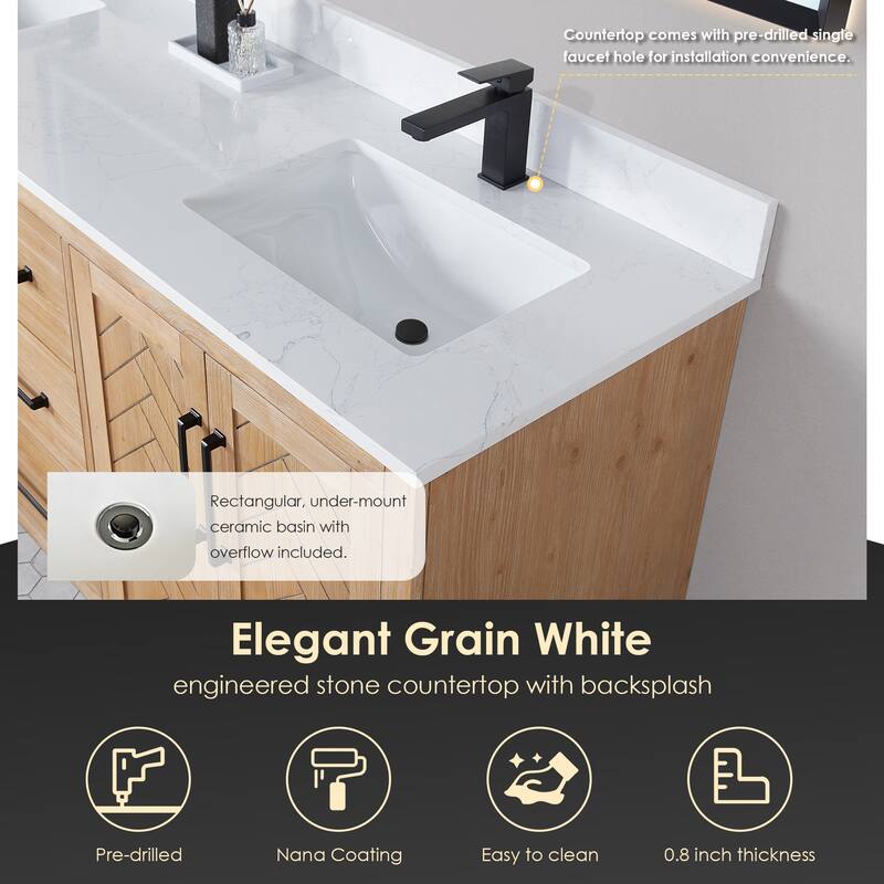 Anais 3Single Bathroom Vanity in Light Brown with Grain White Engineered Stone Countertop without Mirror