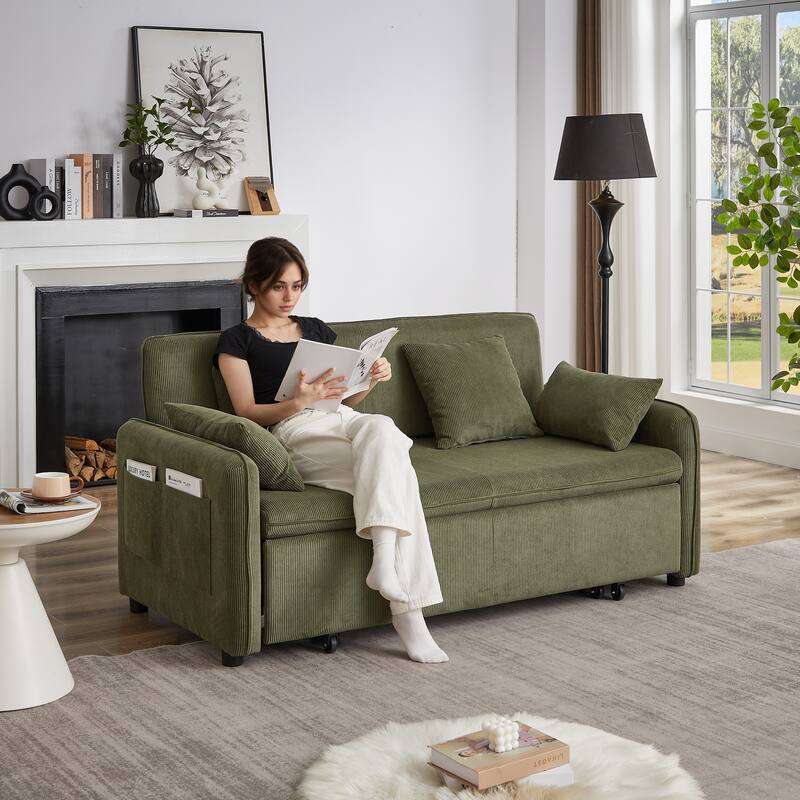 FX'' 66 Inch Sleeper Sofa Bed 3-in-1 Adjustable Sleeper with Pullout Bed 4 Pillows and Side Pockets