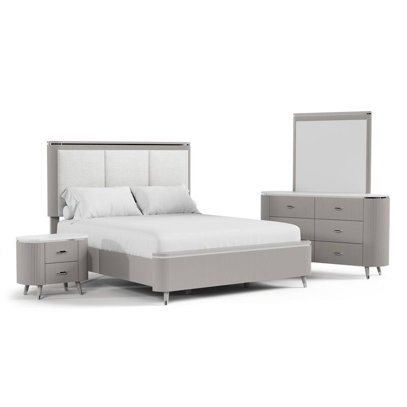 Furniture of America Seraphine Modern 4-Piece Light Grey Solid Wood Panel Bedroom Set with Fluted Headboard