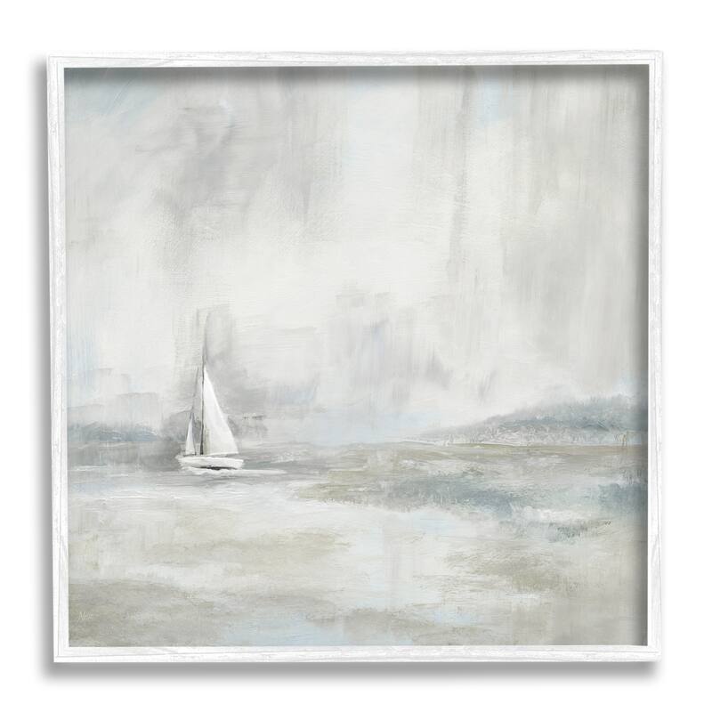 Stupell Abstract Sailboat Drifting Ocean Waves Beige Neutrals Framed Wall Art - White