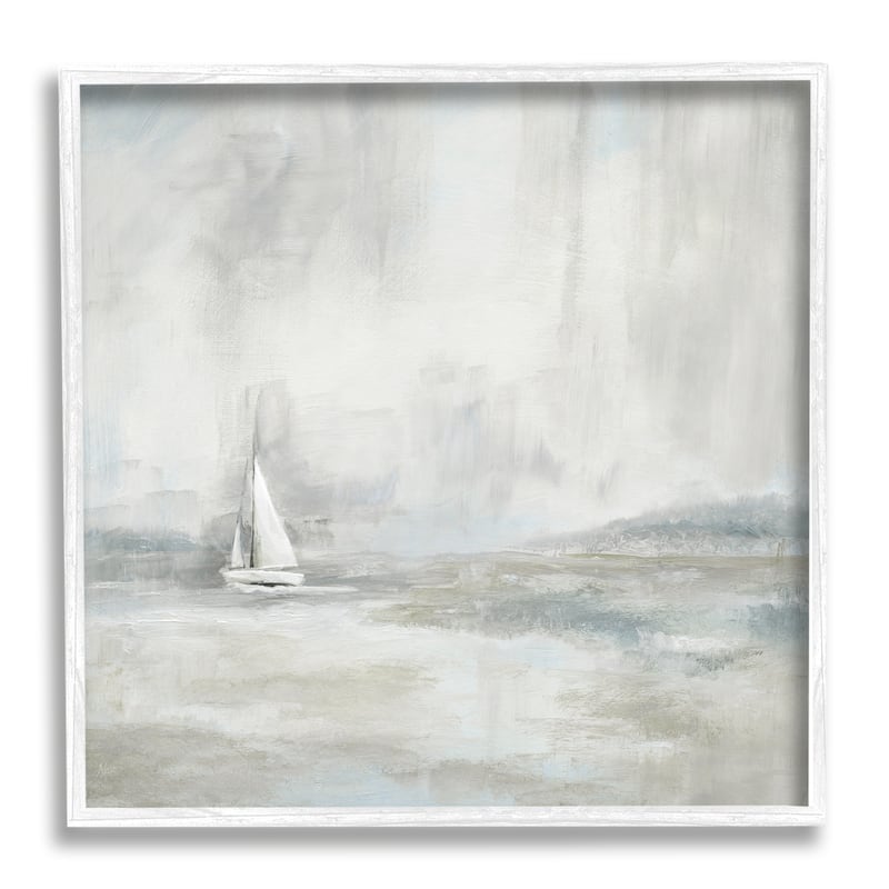 Stupell Abstract Sailboat Drifting Ocean Waves Beige Neutrals Framed Wall Art - White