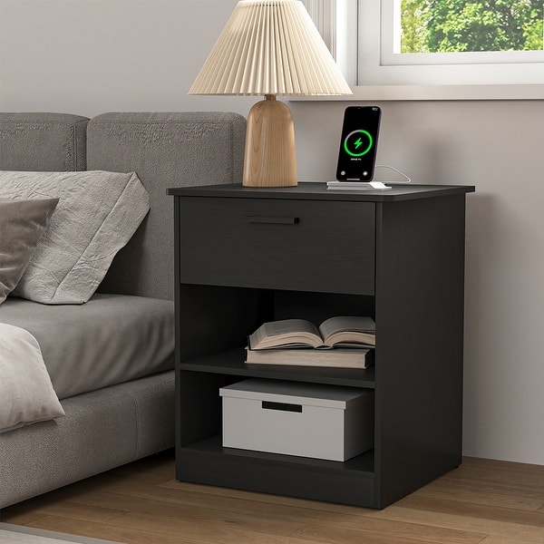 Nightstand with Charging Station,2 USB,Type C,Drawer,Adjustable Shelf - Black