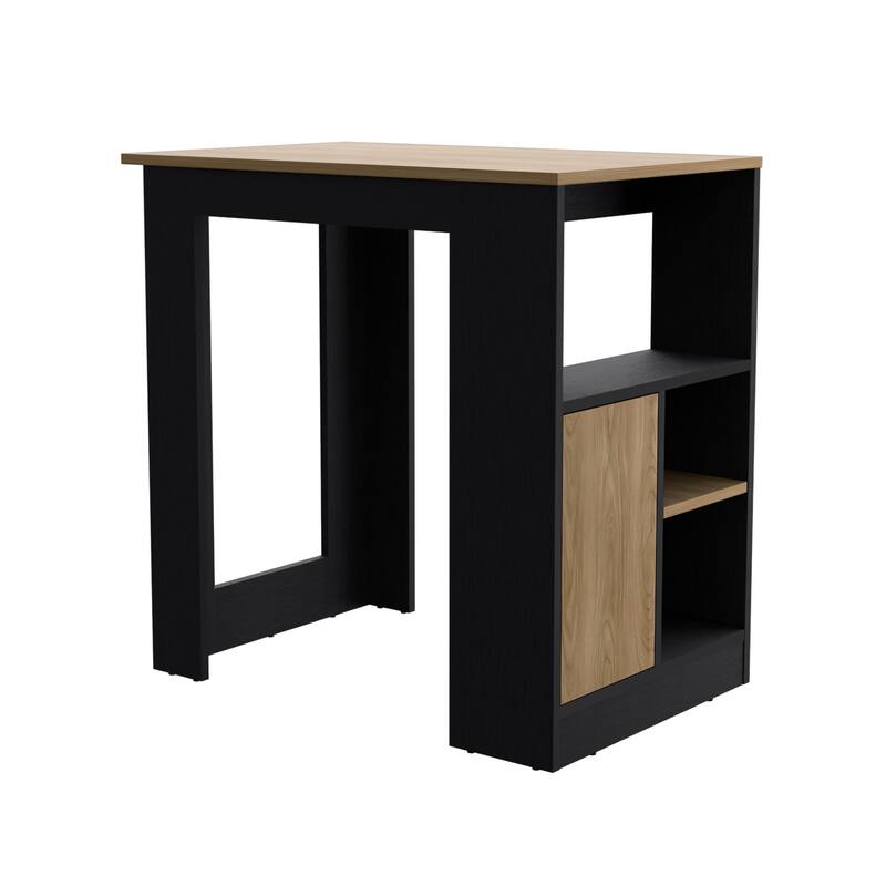 Kitchen Island 36" H, Three Open Side Storage Shelves and One Push-to-Open Cabinet, Black / Natural Oak
