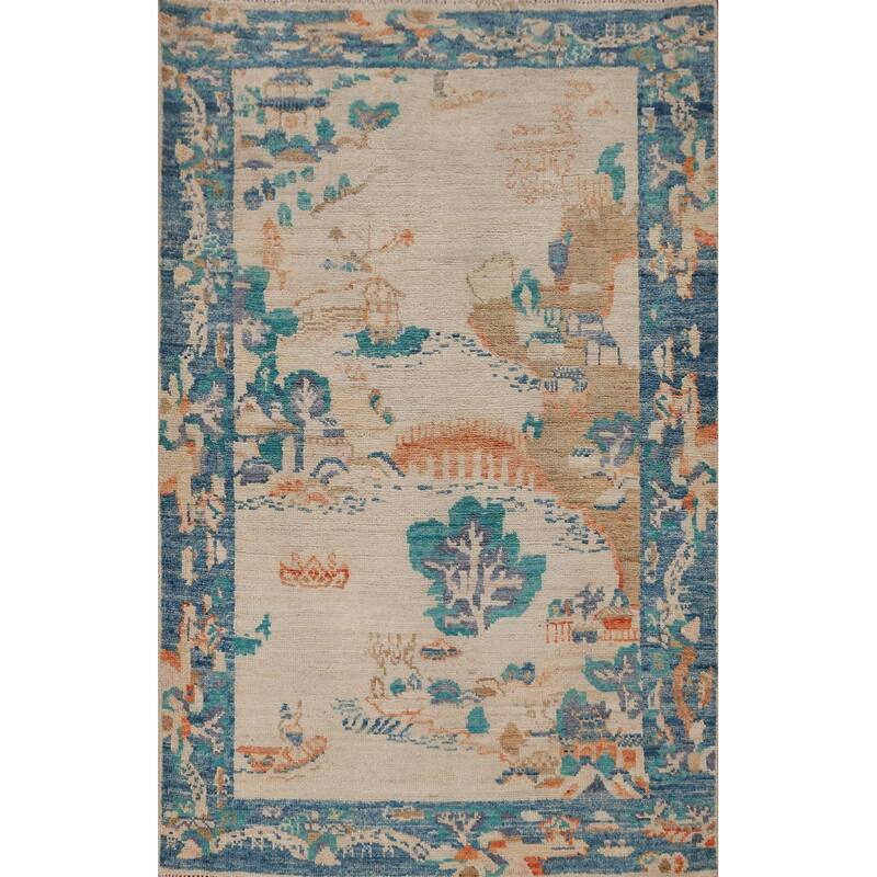 Hand Knotted Oriental 100% Wool Carpet Traditional Pictorial Beige & Ivories Art Deco Area Rug - 4' 9'' X 3' 3''
