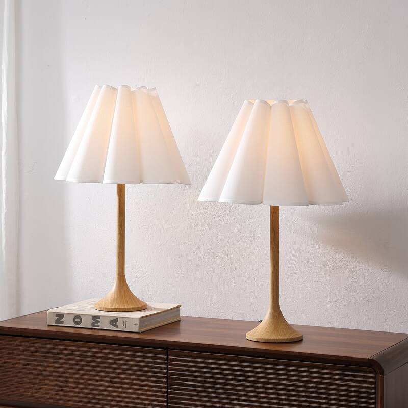 By JONATHAN Y, Abel 25.5" Pleated Shade Wood Column LED Table Lamp, (Set of 2)