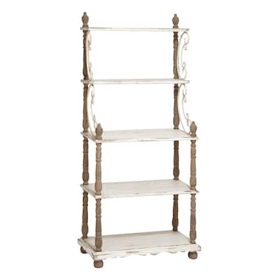 Wood Distressed Turned 5 Shelf Shelving Unit with Brown Spindle Sides and Ball Feet - White - Roche River Decor