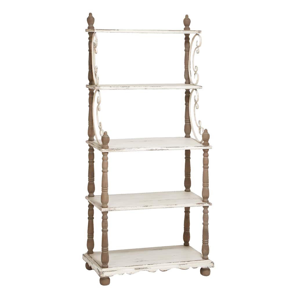 Wood Distressed Turned 5 Shelf Shelving Unit with Brown Spindle Sides and Ball Feet - White - Roche River Decor